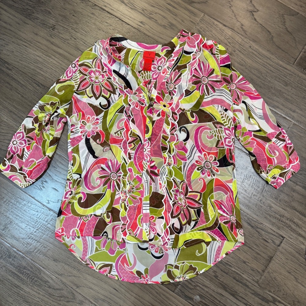 Cristina Floral Print Blouse Top Women's‎ Size L 3/4 Sleeve Multicolor